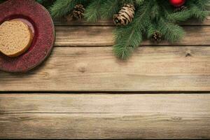 AI generated christmas background on rustic wooden table. Pro Photo