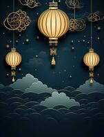 AI generated Gold Chinese lantern on the dark blue background AI Generative photo