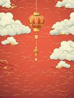 AI generated Chinese lantern with clouds on the red background AI Generative photo