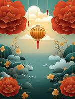 AI generated Gold Chinese lantern with red flower AI Generative photo