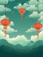 AI generated Portrait red Chinese lantern on the blue clouds AI Generative photo