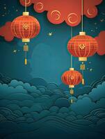 AI generated Red Chinese lantern on the blue background AI Generative photo
