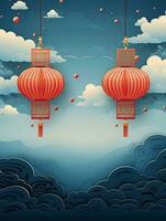 AI generated Red Chinese lantern on the blue background AI Generative photo