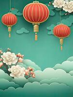 AI generated Portrait red Chinese lantern with cloud on the blue background AI Generative photo