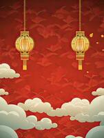 AI generated Gold Chinese lantern with clouds on the red background AI Generative photo