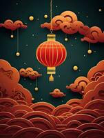 AI generated Portrait red Chinese lantern with red clouds AI Generative photo