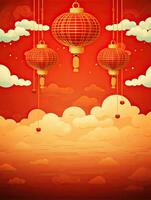 AI generated Red Chinese lantern with clouds on the red background AI Generative photo