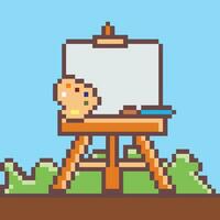 pixel art easel with paintbrush and canvas vector