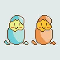 pixel art baby chick in eggshells vector