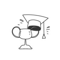 hand drawn trophy and graduation hat doodle vector