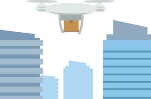 Delivery drone with the cardboard box flying over the town. Quadcopter carrying a package to customer. Technological shipment innovation. Drone delivery service vector