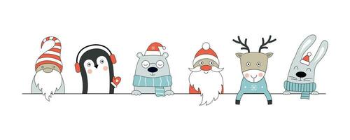 Navidad póster con ciervo, liebre, pingüino, polar oso, gnomo, Papa Noel clau vector