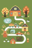 Farm background with farmhouses, animals, garden, trees, road, cars. vector