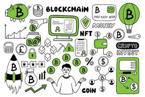 Hand-drawn blockchain and crypto icons isolated on a white background. vector