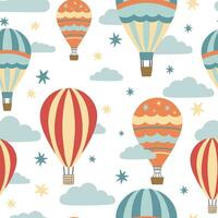 Nursery seamless pattern with air ballon, stars and clouds. vector