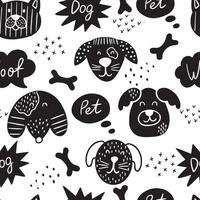 Scandinavian seamless pattern with hand drawn dogs, phrases, speech bubbles and bone. vector