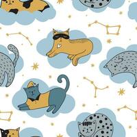 Doodle cats sleeping on the clouds vector