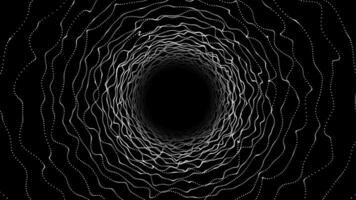 Hi-tech small moving particles forming sci-fi tunnel on black background, slowly moving sci-fi tunnel particles video