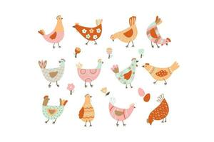 Modern set with hens, eggs and flowers. vector