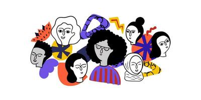 caras de mujer de diferente nacionalidades afroamericano, asiático, europeo, árabe. vector