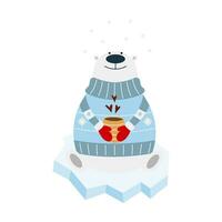 Polar bear character sits on ice and holds a cup of coffee. vector