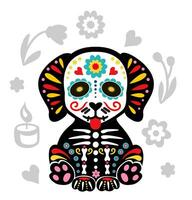 Day of the Dead, Dia de los muertos, animal skull and skeleton decorated with Mexican elements and flowers. Puppy skeleton. Dog skeleton vector