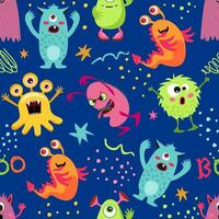 Seamless pattern with funny monsters. Cute cartoon creatures. Texture for kids apparel, fabric, textile, wrapping. Vector