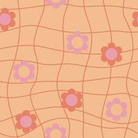 Groovy seamless pattern with geometric shapes and flowers. Design in the style of 70s. Vector hand-drawn illustration.