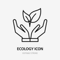 Vector ecology Icon. Plant in hands. Vector thin sign of environment protection, logo. Agriculture illustration.