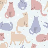 Childish seamless pattern with colorful cats and flowers. vector