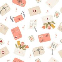 Seamless pattern with letters, envelopes and stamps in flat style vector