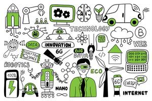 Hand-drawn technology and innovation icons  isolated on a white background. vector