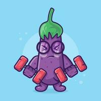 linda berenjena vegetal personaje mascota haciendo culturismo utilizando pesa aislado dibujos animados en plano estilo diseño vector