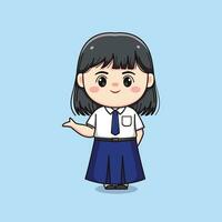 linda júnior alto colegio estudiante niña saludo chibi kawaii vector