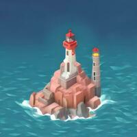 AI generated Isometric 3D Lighthouse Building in the Middle of Ocean Icon Clip Art Sticker Decoration Simple Background photo