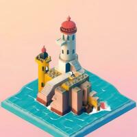 AI generated Isometric 3D Lighthouse Building in the Middle of Ocean Icon Clip Art Sticker Decoration Simple Background photo