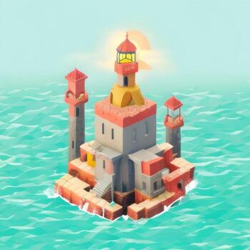 AI generated Isometric 3D Lighthouse Building in the Middle of Ocean Icon Clip Art Sticker Decoration Simple Background photo