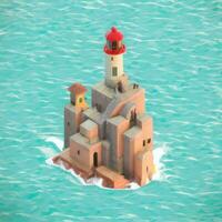 AI generated Isometric 3D Lighthouse Building in the Middle of Ocean Icon Clip Art Sticker Decoration Simple Background photo