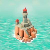 AI generated Isometric 3D Lighthouse Building in the Middle of Ocean Icon Clip Art Sticker Decoration Simple Background photo