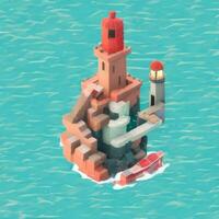 AI generated Isometric 3D Lighthouse Building in the Middle of Ocean Icon Clip Art Sticker Decoration Simple Background photo