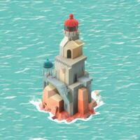 AI generated Isometric 3D Lighthouse Building in the Middle of Ocean Icon Clip Art Sticker Decoration Simple Background photo