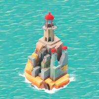 AI generated Isometric 3D Lighthouse Building in the Middle of Ocean Icon Clip Art Sticker Decoration Simple Background photo