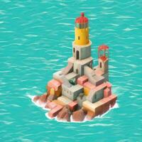 AI generated Isometric 3D Lighthouse Building in the Middle of Ocean Icon Clip Art Sticker Decoration Simple Background photo