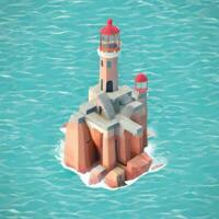 AI generated Isometric 3D Lighthouse Building in the Middle of Ocean Icon Clip Art Sticker Decoration Simple Background photo