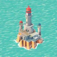 AI generated Isometric 3D Lighthouse Building in the Middle of Ocean Icon Clip Art Sticker Decoration Simple Background photo