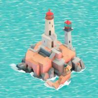 AI generated Isometric 3D Lighthouse Building in the Middle of Ocean Icon Clip Art Sticker Decoration Simple Background photo