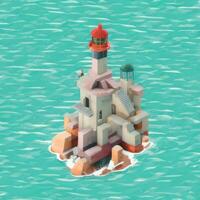 AI generated Isometric 3D Lighthouse Building in the Middle of Ocean Icon Clip Art Sticker Decoration Simple Background photo