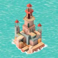 AI generated Isometric 3D Lighthouse Building in the Middle of Ocean Icon Clip Art Sticker Decoration Simple Background photo