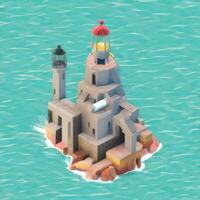 AI generated Isometric 3D Lighthouse Building in the Middle of Ocean Icon Clip Art Sticker Decoration Simple Background photo