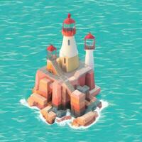 AI generated Isometric 3D Lighthouse Building in the Middle of Ocean Icon Clip Art Sticker Decoration Simple Background photo